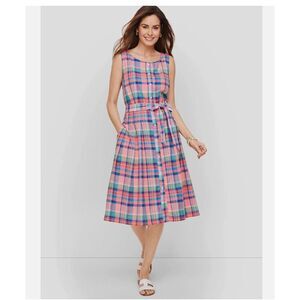 Talbots Dress Womens Sz 8 M Cotton Pink & Blue Madras Plaid Picnic Tea Party